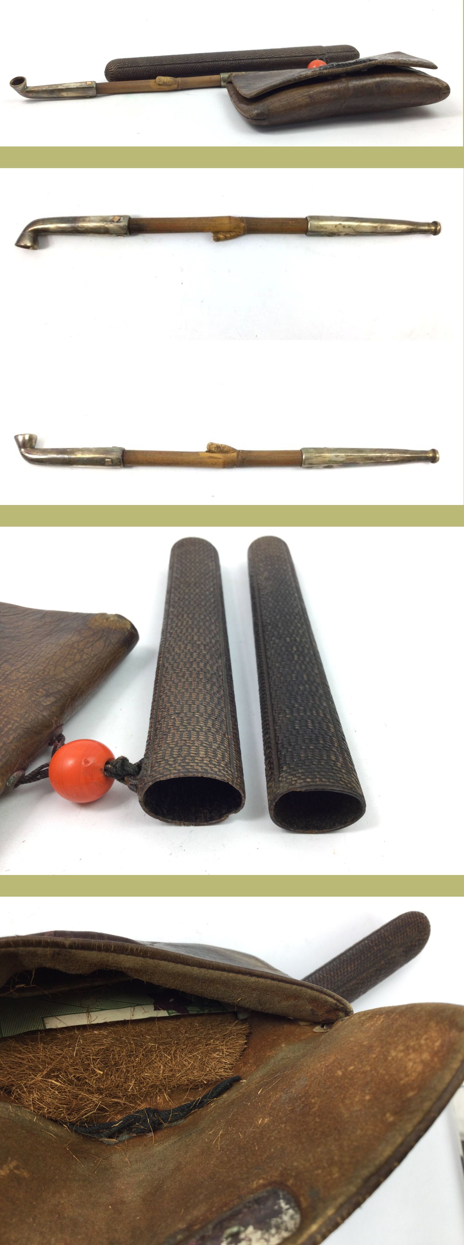 キセル入れ 煙草入れ 3点 まとめて キセル 煙管 喫煙具 金具 袋 木彫 筒